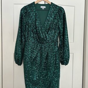 Calvin Klein Emerald Green Sequin Wrap-Style Long Sleeve Dress